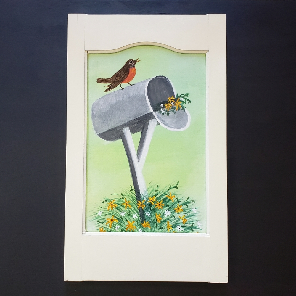 Vintage Original Painting Wooden Framed Bird Flower Wood Framed Folk Art Artwork